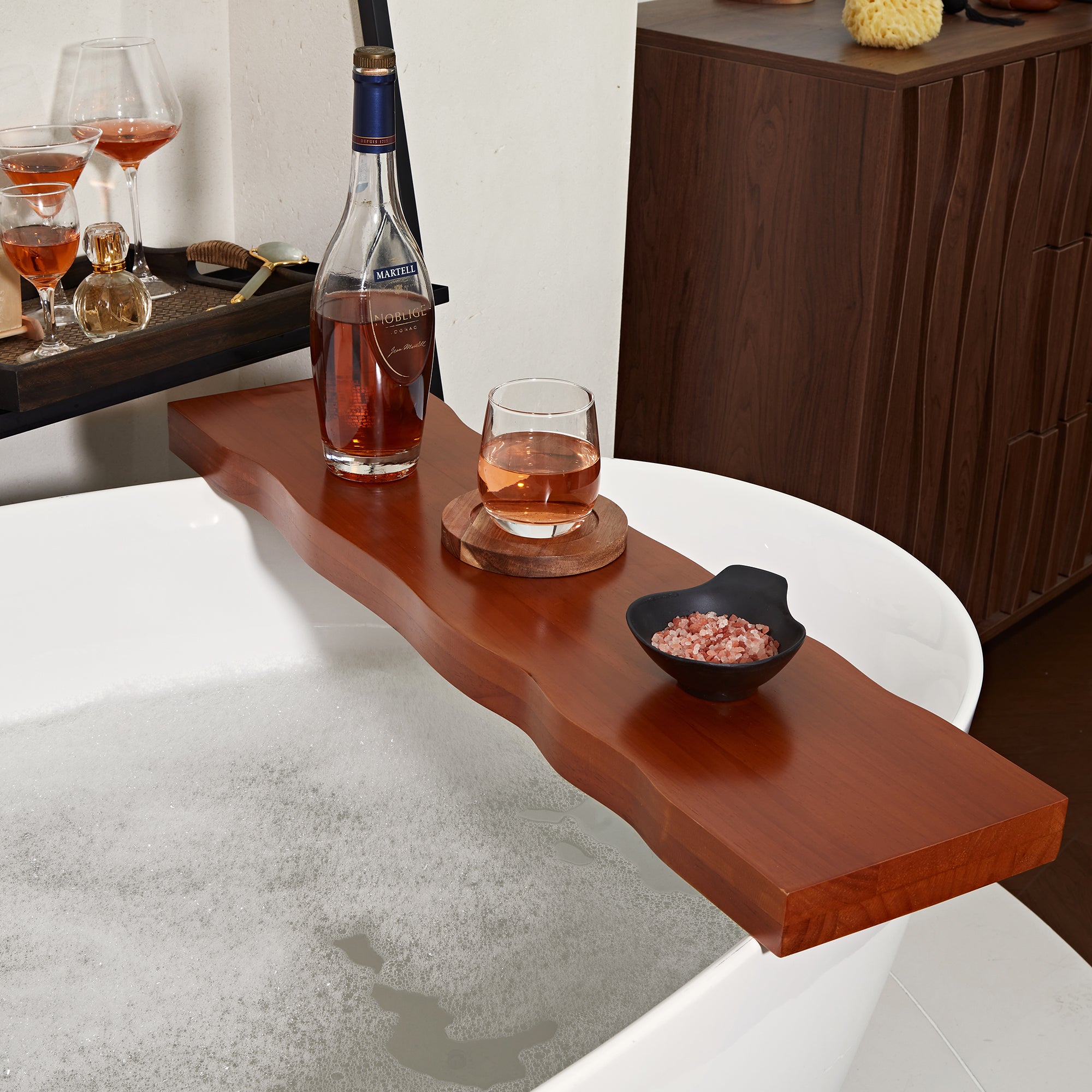 Rustic Teak Wood Bath Caddy Rack with Adjustable Track and Unique Live Edges for Elegant Bathroom Accessories