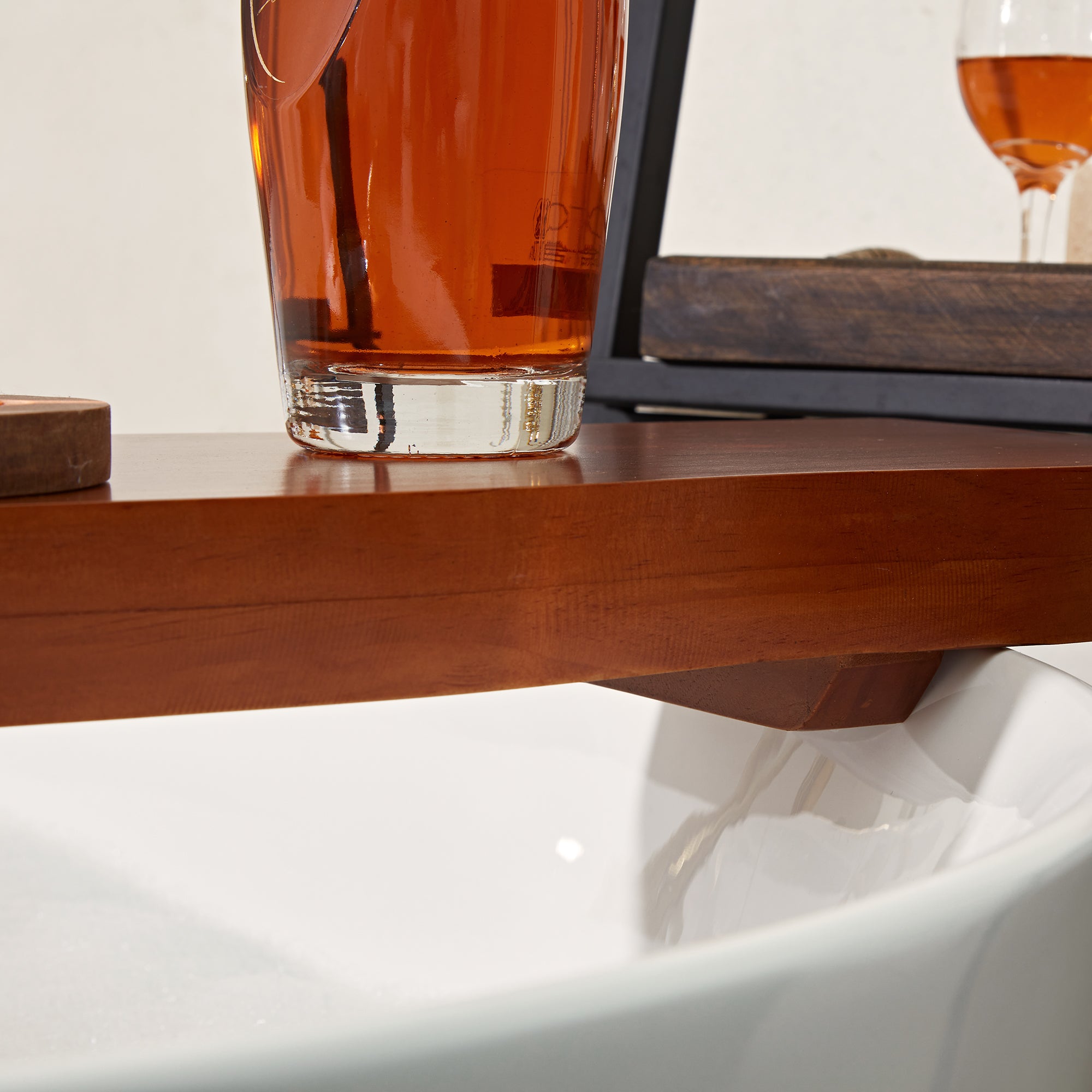 Rustic Teak Wood Bath Caddy Rack with Adjustable Track and Unique Live Edges for Elegant Bathroom Accessories