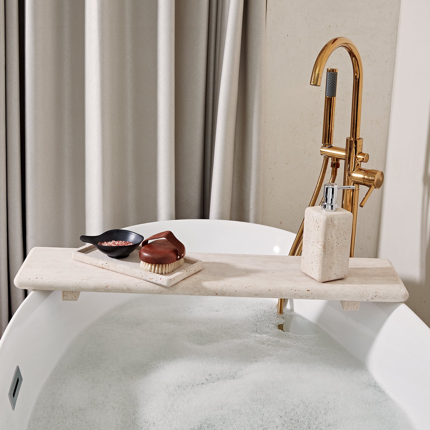 Nature's Touch Travertine Bath Accessories with Organic Edge and Unique Variations for Rustic Bathroom Decor