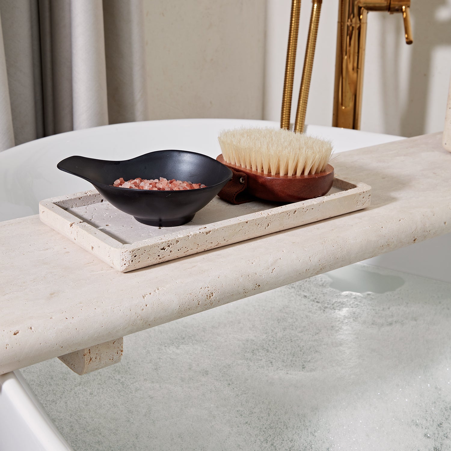 Nature's Touch Travertine Bath Accessories with Organic Edge and Unique Variations for Rustic Bathroom Decor