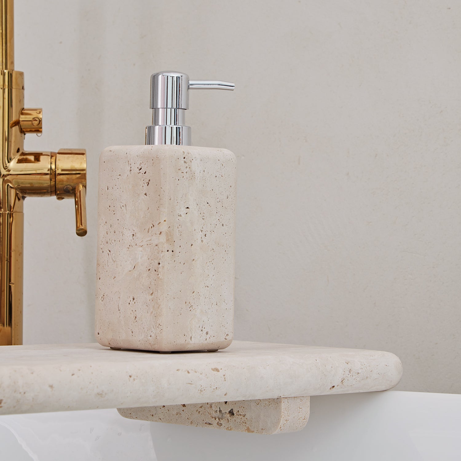 Nature's Touch Travertine Bath Accessories with Organic Edge and Unique Variations for Rustic Bathroom Decor