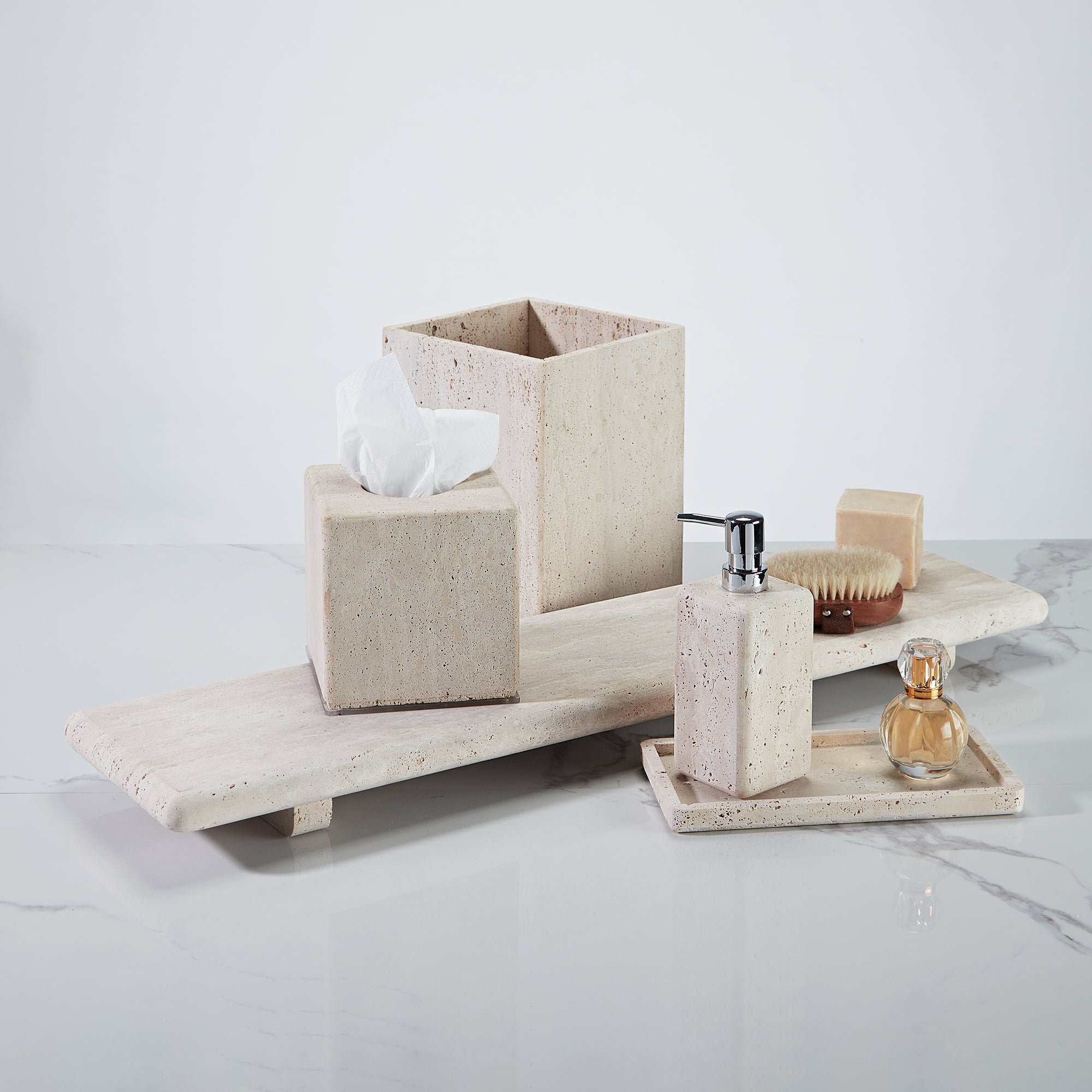 Nature's Touch Travertine Bath Accessories with Organic Edge and Unique Variations for Rustic Bathroom Decor