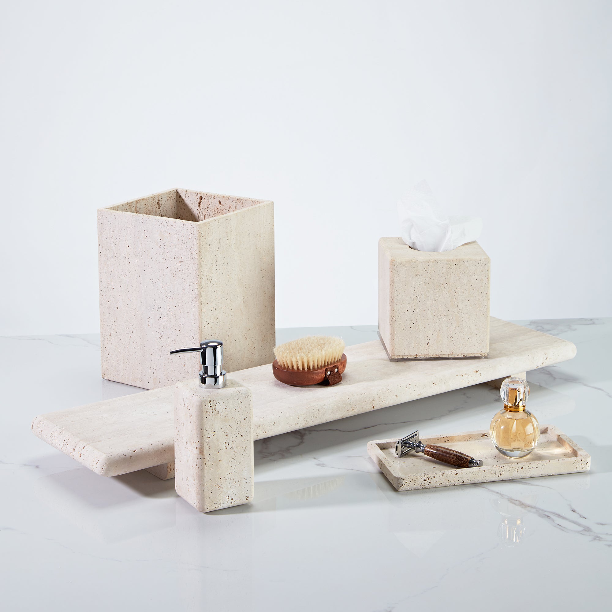 Nature's Touch Travertine Bath Accessories with Organic Edge and Unique Variations for Rustic Bathroom Decor