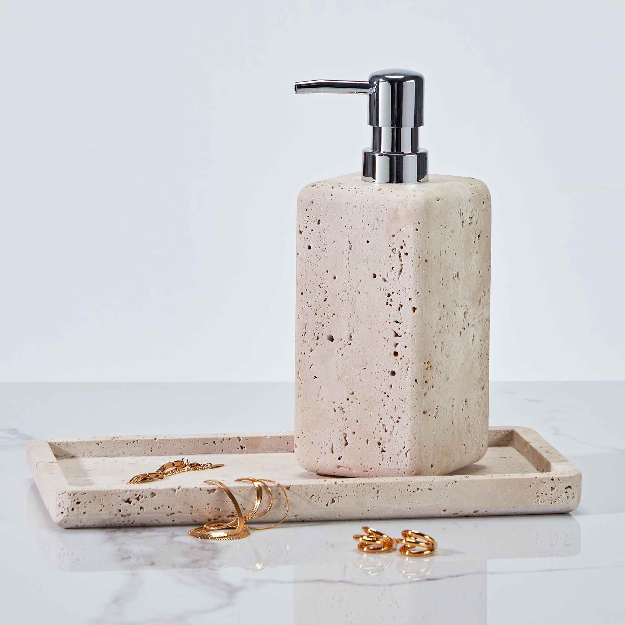 Nature's Touch Travertine Bath Accessories with Organic Edge and Unique Variations for Rustic Bathroom Decor