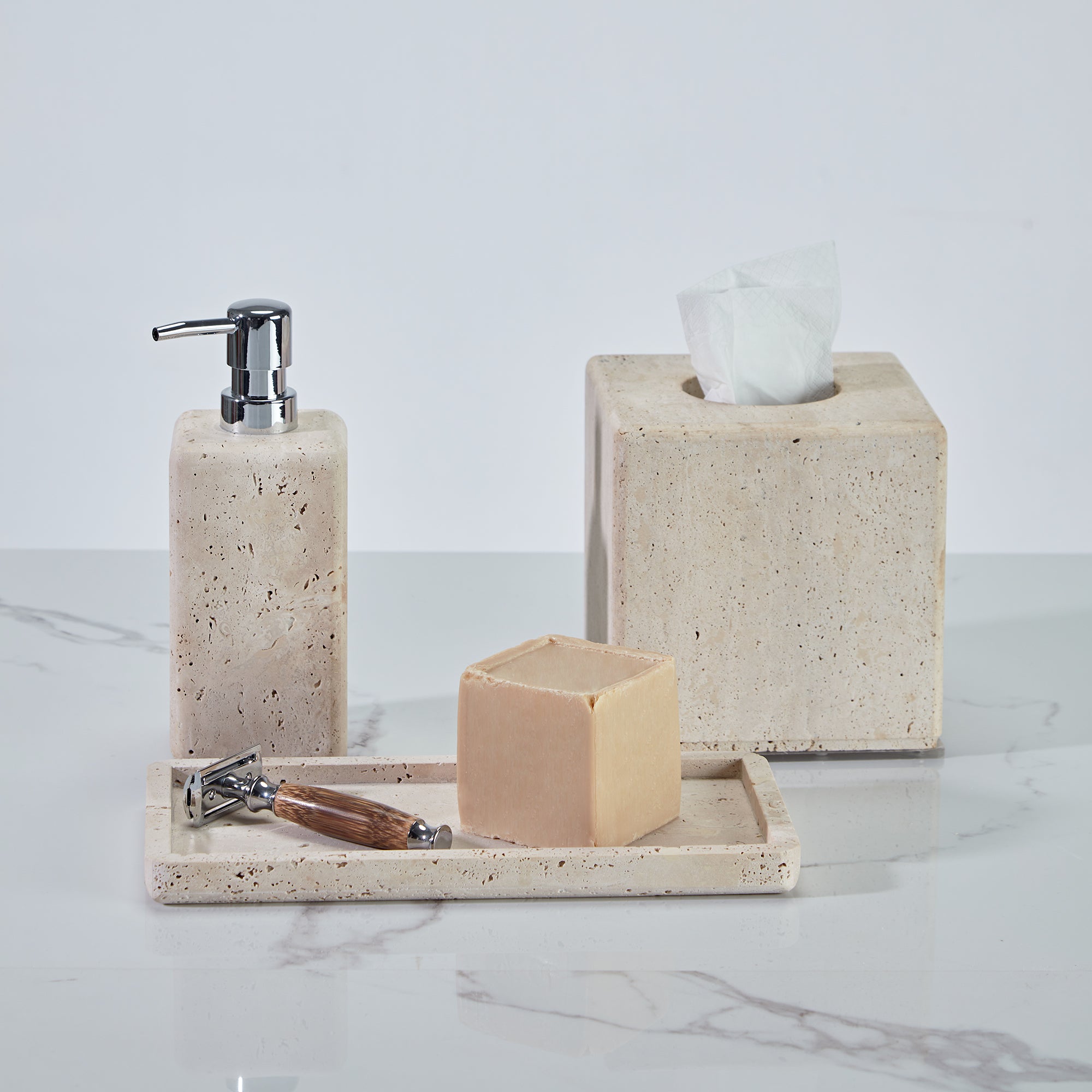 Nature's Touch Travertine Bath Accessories with Organic Edge and Unique Variations for Rustic Bathroom Decor