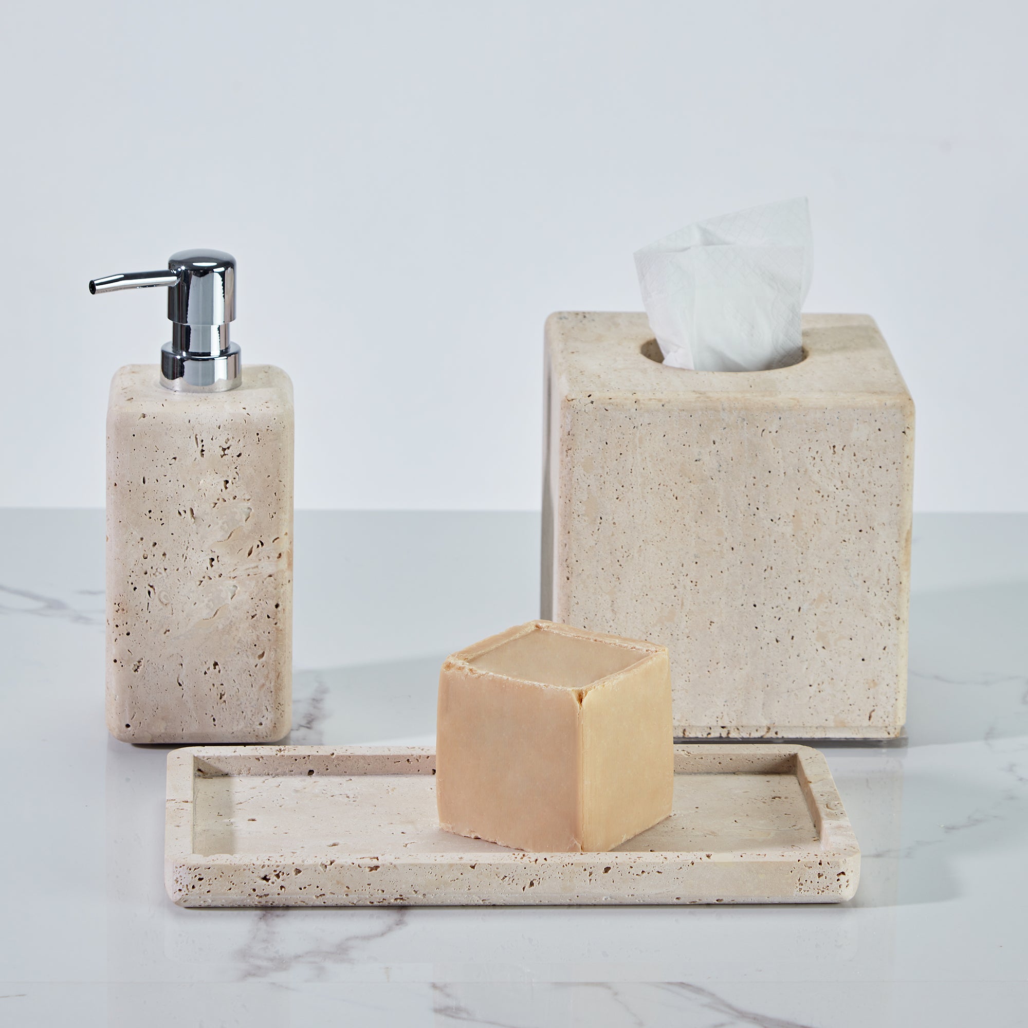 Nature's Touch Travertine Bath Accessories with Organic Edge and Unique Variations for Rustic Bathroom Decor