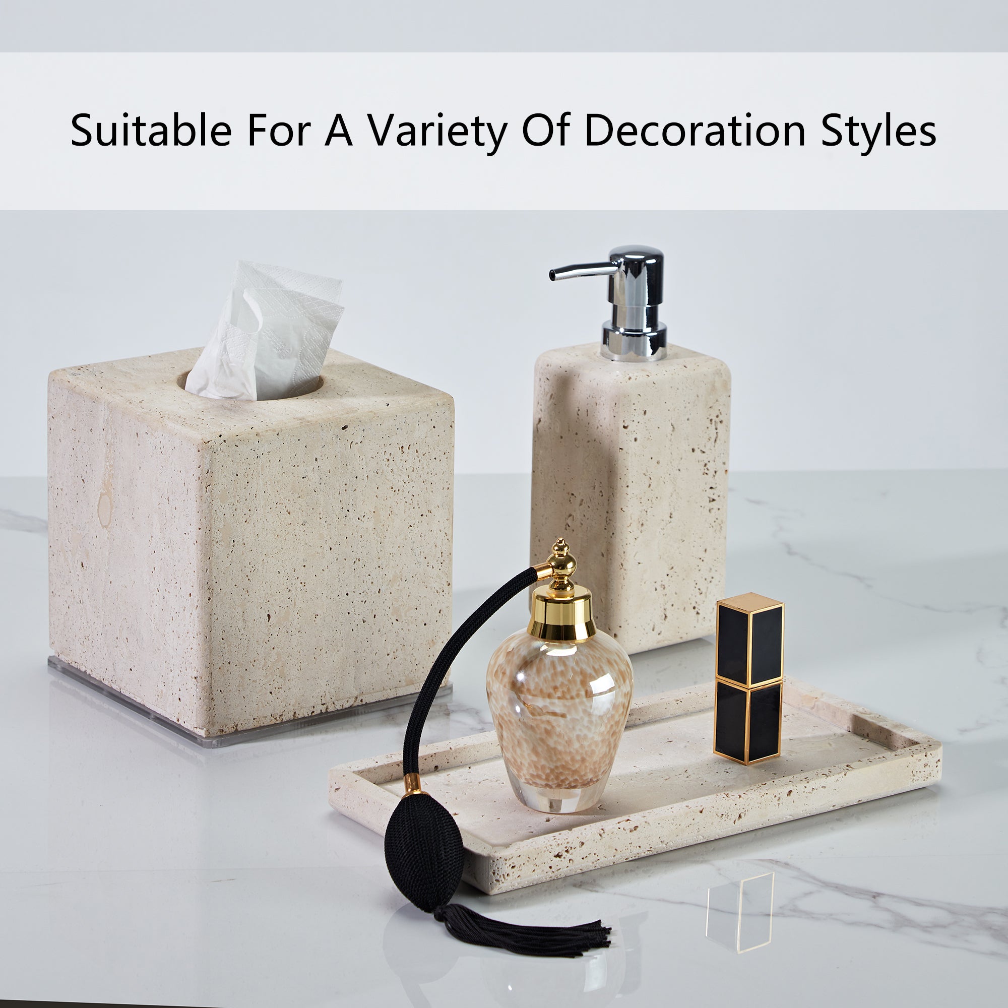 Nature's Touch Travertine Bath Accessories with Organic Edge and Unique Variations for Rustic Bathroom Decor