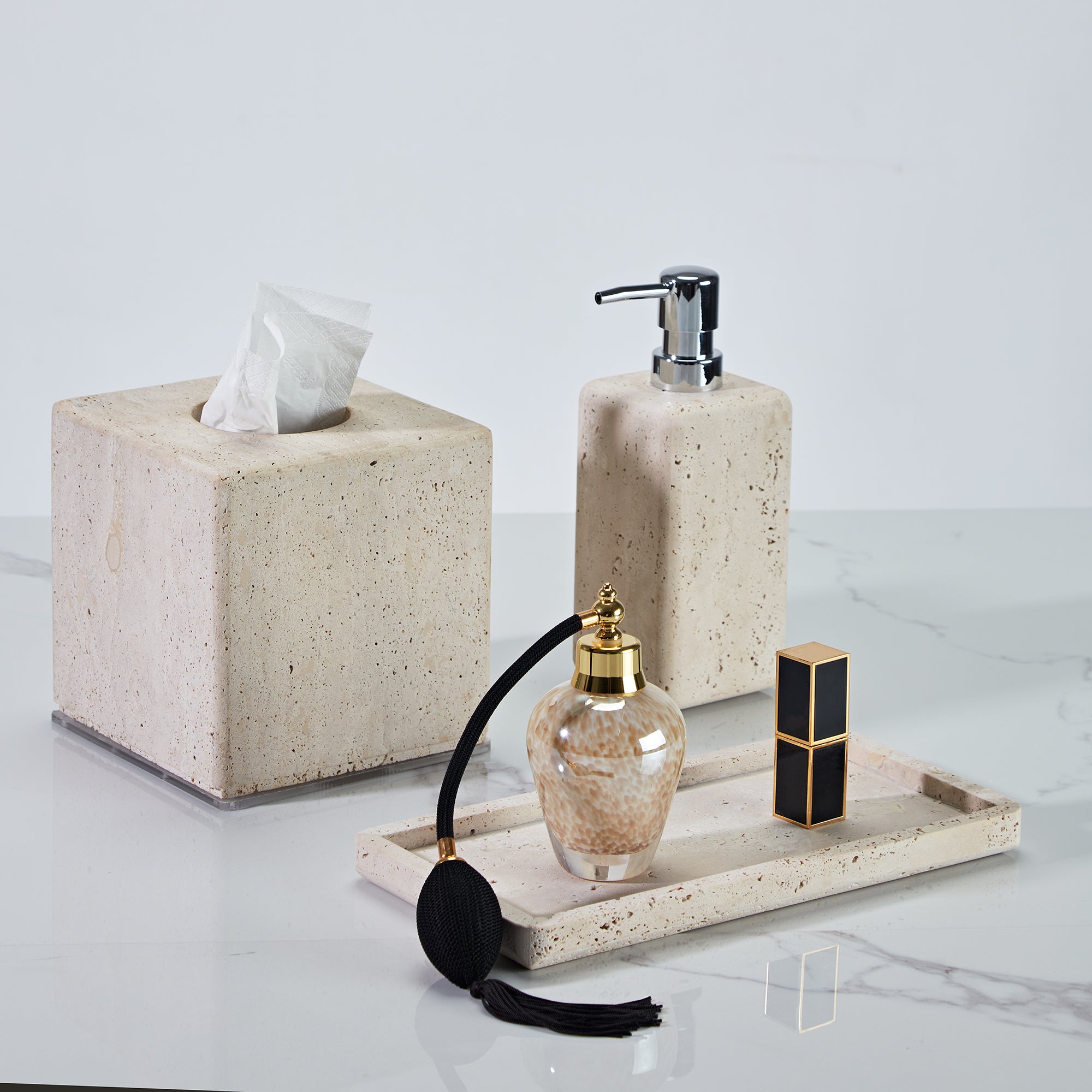 Nature's Touch Travertine Bath Accessories with Organic Edge and Unique Variations for Rustic Bathroom Decor