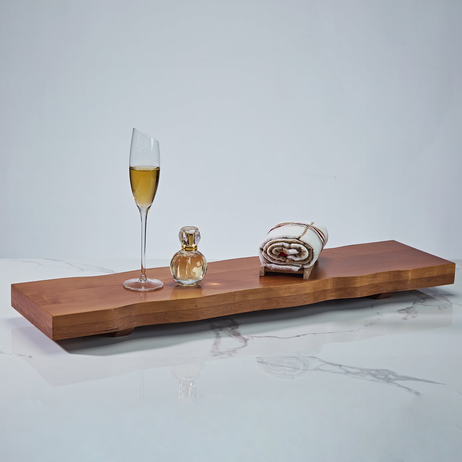 Rustic Teak Wood Bath Caddy Rack with Adjustable Track and Unique Live Edges for Elegant Bathroom Accessories