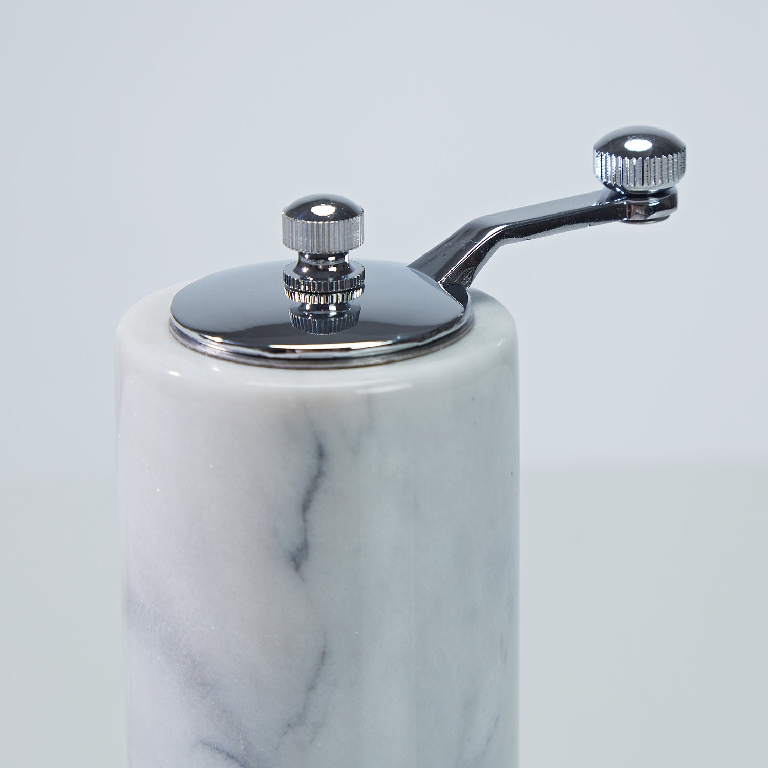 French White Marble Salt and Pepper Set with Grey Veining and Stainless Steel Shaker Plate for Stylish Kitchen and Dining Room Use