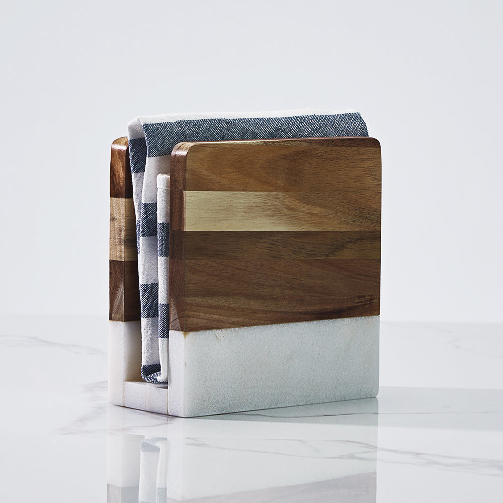 Modern Wood and Marble Napkin Holder - White Marble and Mango Wood Design for Stylish Kitchen and Dining Room Napkin Rings