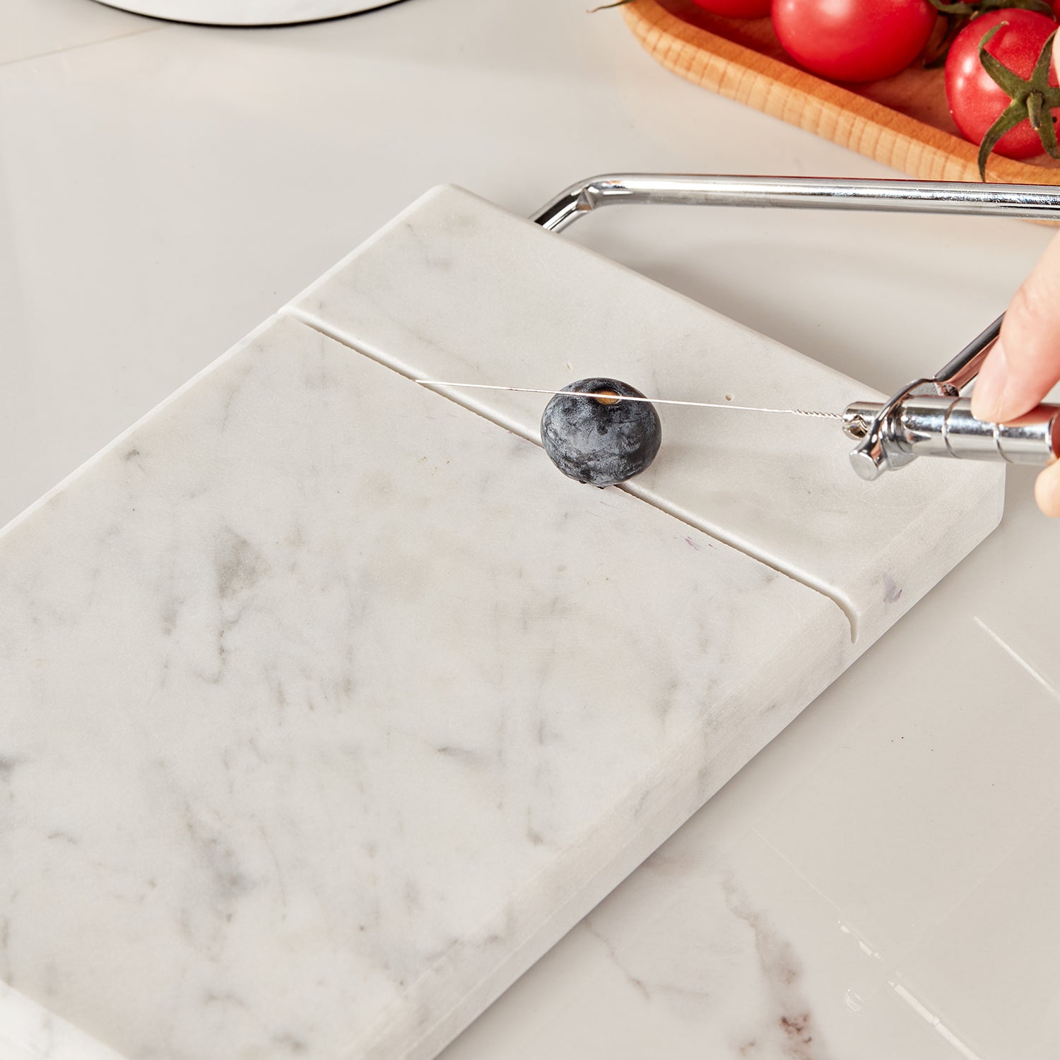 White Marble Cheese Board with Stainless Steel Slicer - Unique Grey Veining and Grooved Design for Dining Room and Kitchen Elegance