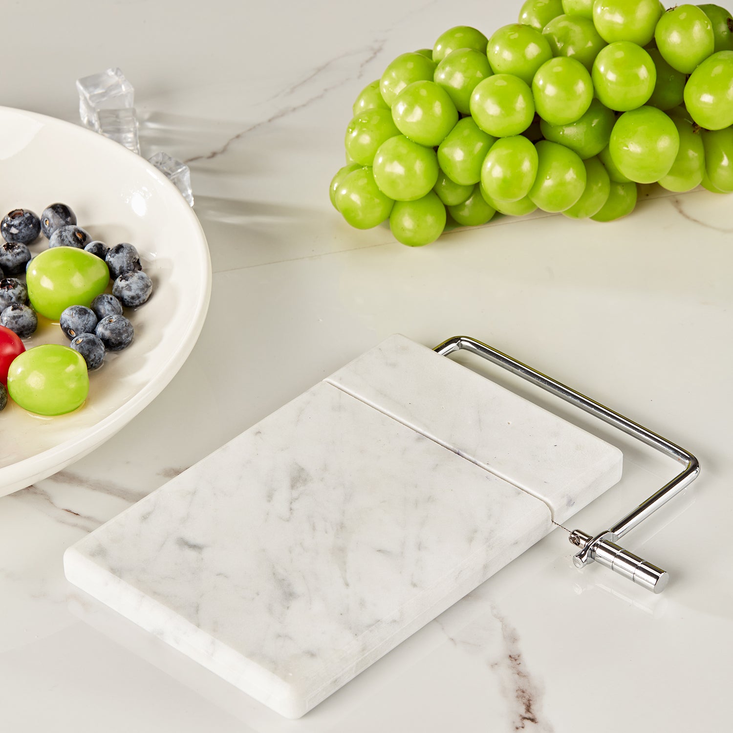 White Marble Cheese Board with Stainless Steel Slicer - Unique Grey Veining and Grooved Design for Dining Room and Kitchen Elegance