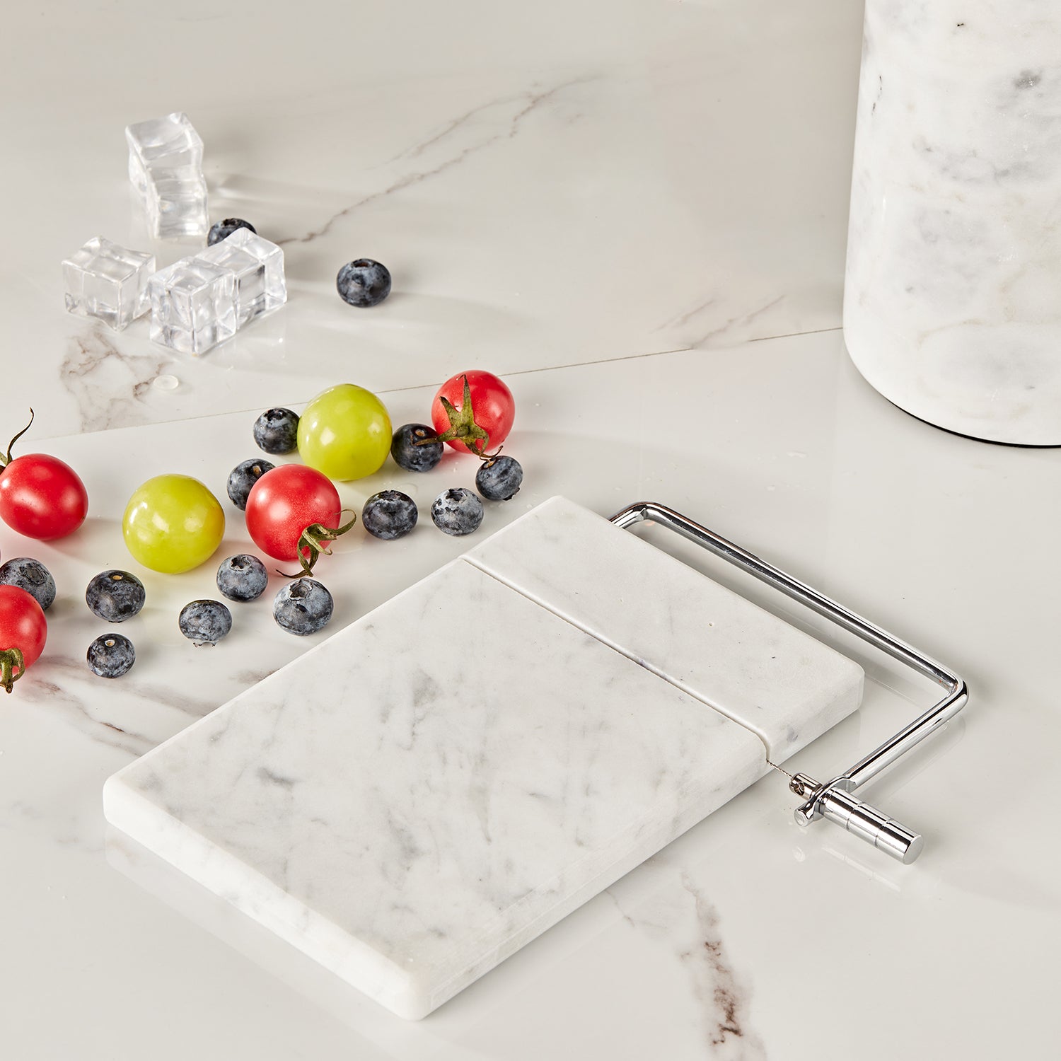 White Marble Cheese Board with Stainless Steel Slicer - Unique Grey Veining and Grooved Design for Dining Room and Kitchen Elegance