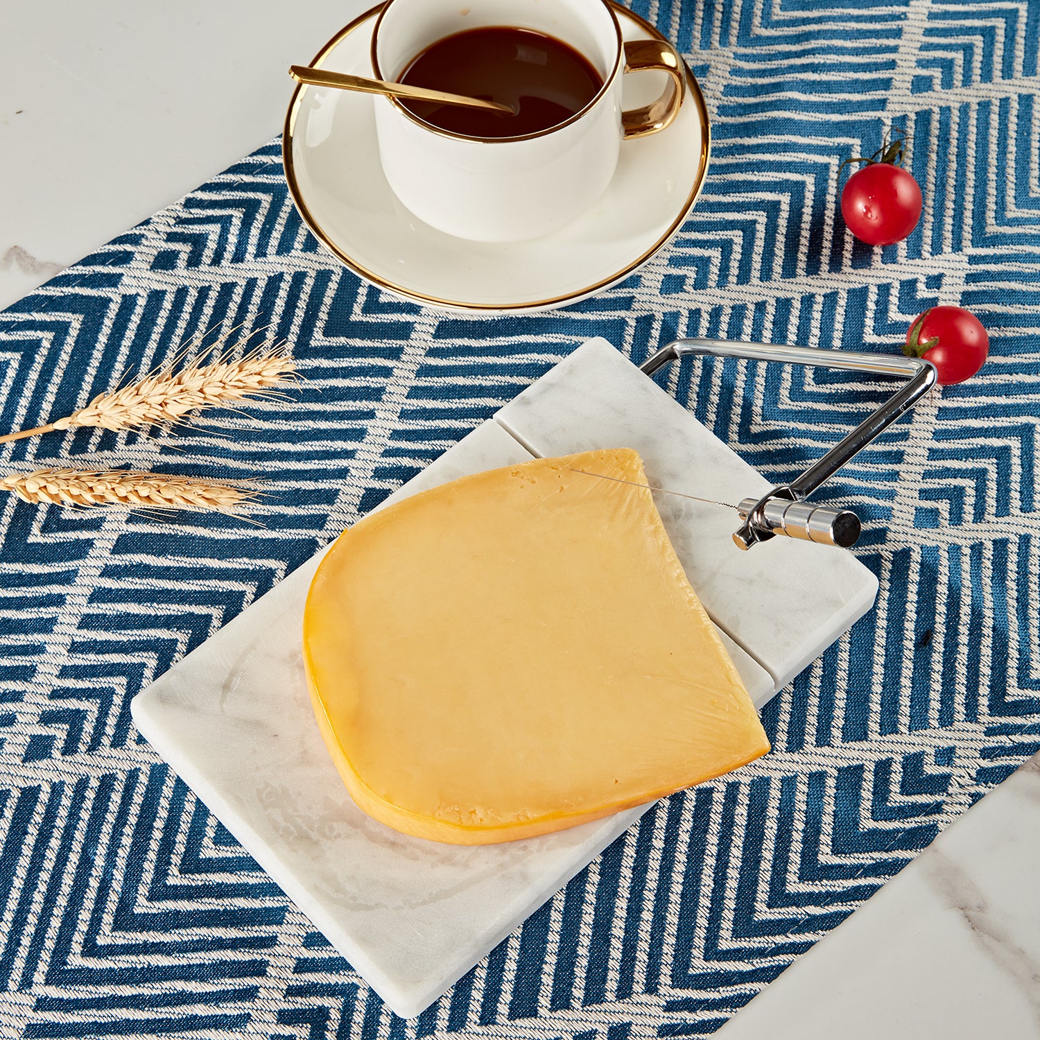 White Marble Cheese Board with Stainless Steel Slicer - Unique Grey Veining and Grooved Design for Dining Room and Kitchen Elegance