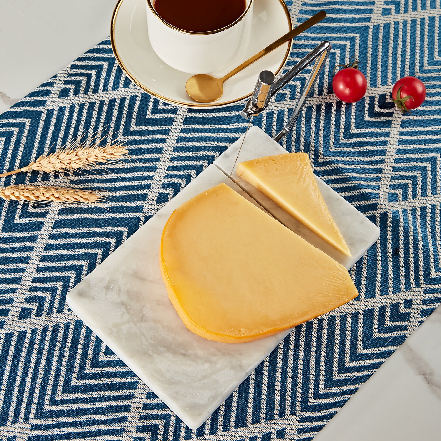 White Marble Cheese Board with Stainless Steel Slicer - Unique Grey Veining and Grooved Design for Dining Room and Kitchen Elegance