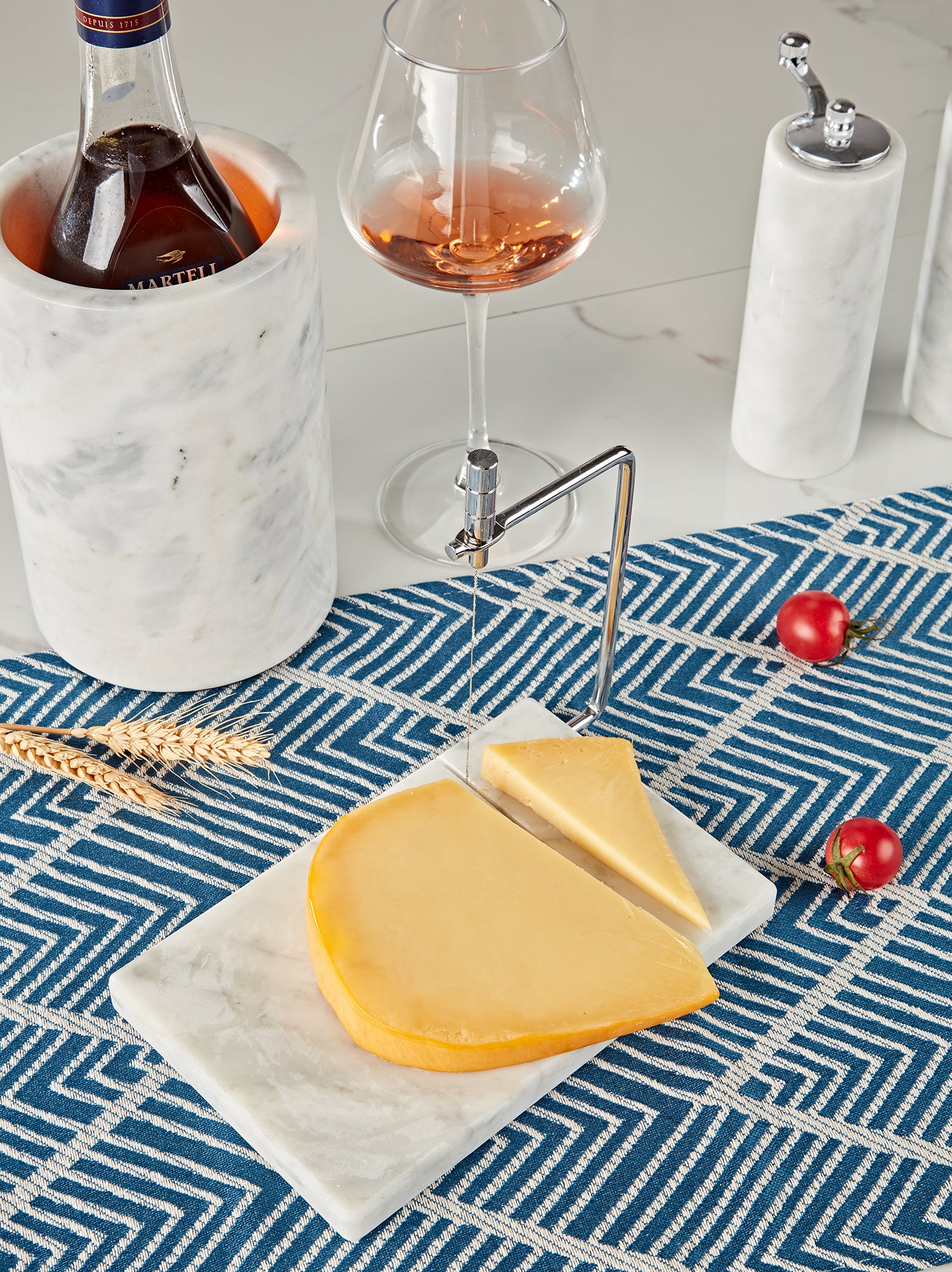 White Marble Cheese Board with Stainless Steel Slicer - Unique Grey Veining and Grooved Design for Dining Room and Kitchen Elegance