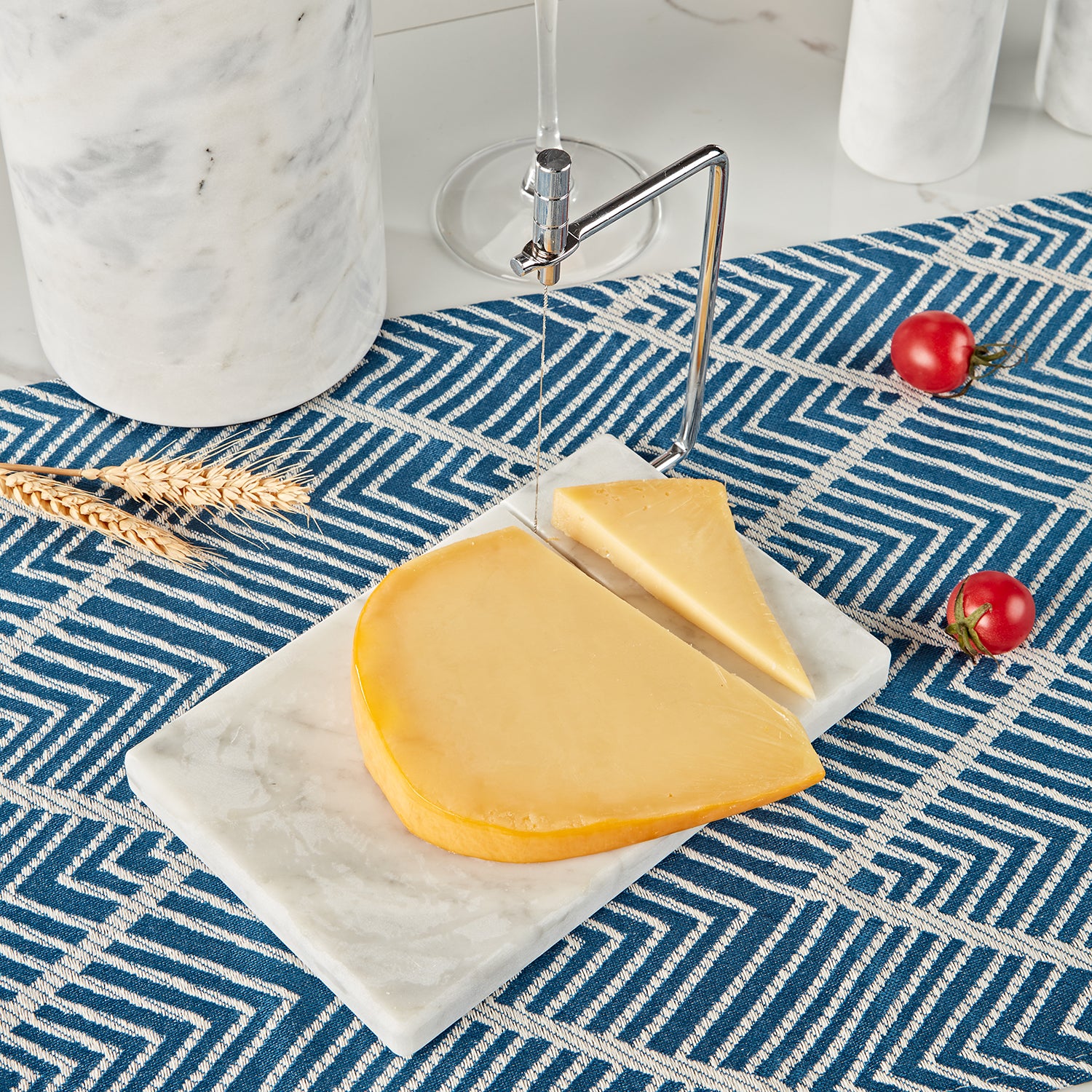 White Marble Cheese Board with Stainless Steel Slicer - Unique Grey Veining and Grooved Design for Dining Room and Kitchen Elegance