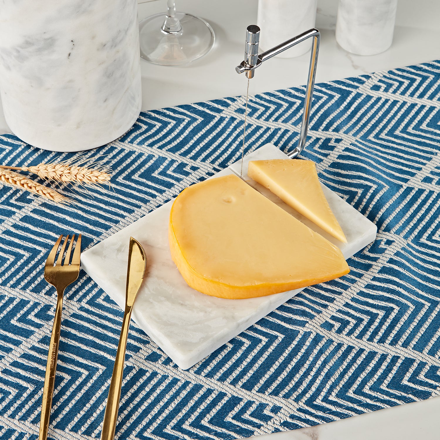 White Marble Cheese Board with Stainless Steel Slicer - Unique Grey Veining and Grooved Design for Dining Room and Kitchen Elegance