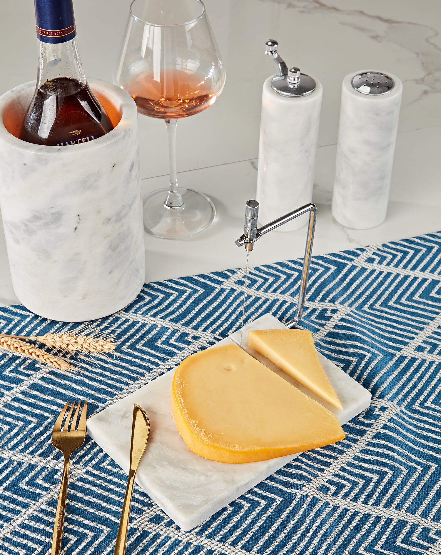 White Marble Cheese Board with Stainless Steel Slicer - Unique Grey Veining and Grooved Design for Dining Room and Kitchen Elegance