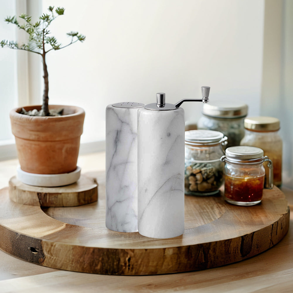 French White Marble Salt and Pepper Set with Grey Veining and Stainless Steel Shaker Plate for Stylish Kitchen and Dining Room Use