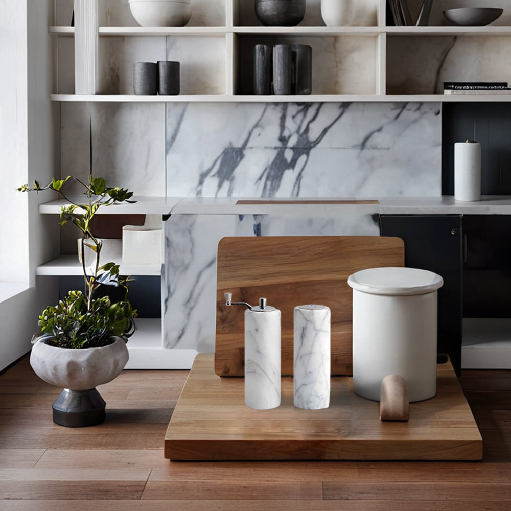 French White Marble Salt and Pepper Set with Grey Veining and Stainless Steel Shaker Plate for Stylish Kitchen and Dining Room Use