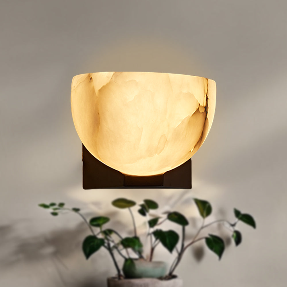 Engraved Elegance Alabaster Sconce: Handcarved Alabaster Wall Light with Globe-like Contours and Burnished Brass for Living Room, Kitchen, or Bedroom Wall Lighting