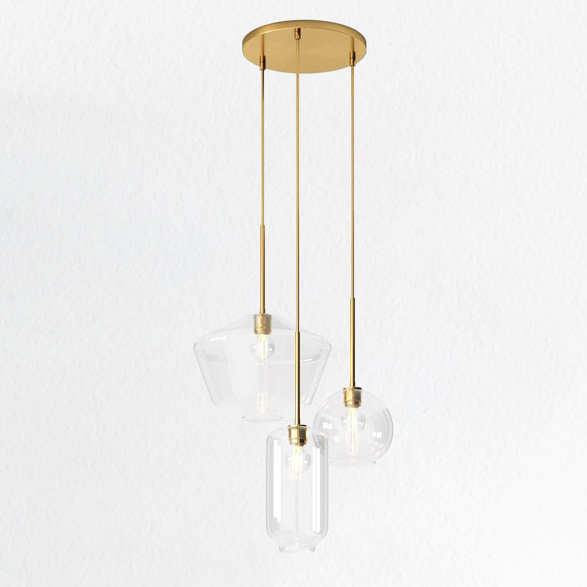 Modern Brass Glass 3-Light Multi Chandelier - Elegant Glass Chandelier with Adjustable Height and Brass Finish - Ideal Dining Room Lighting and Stylish Dining Area Light Fixture