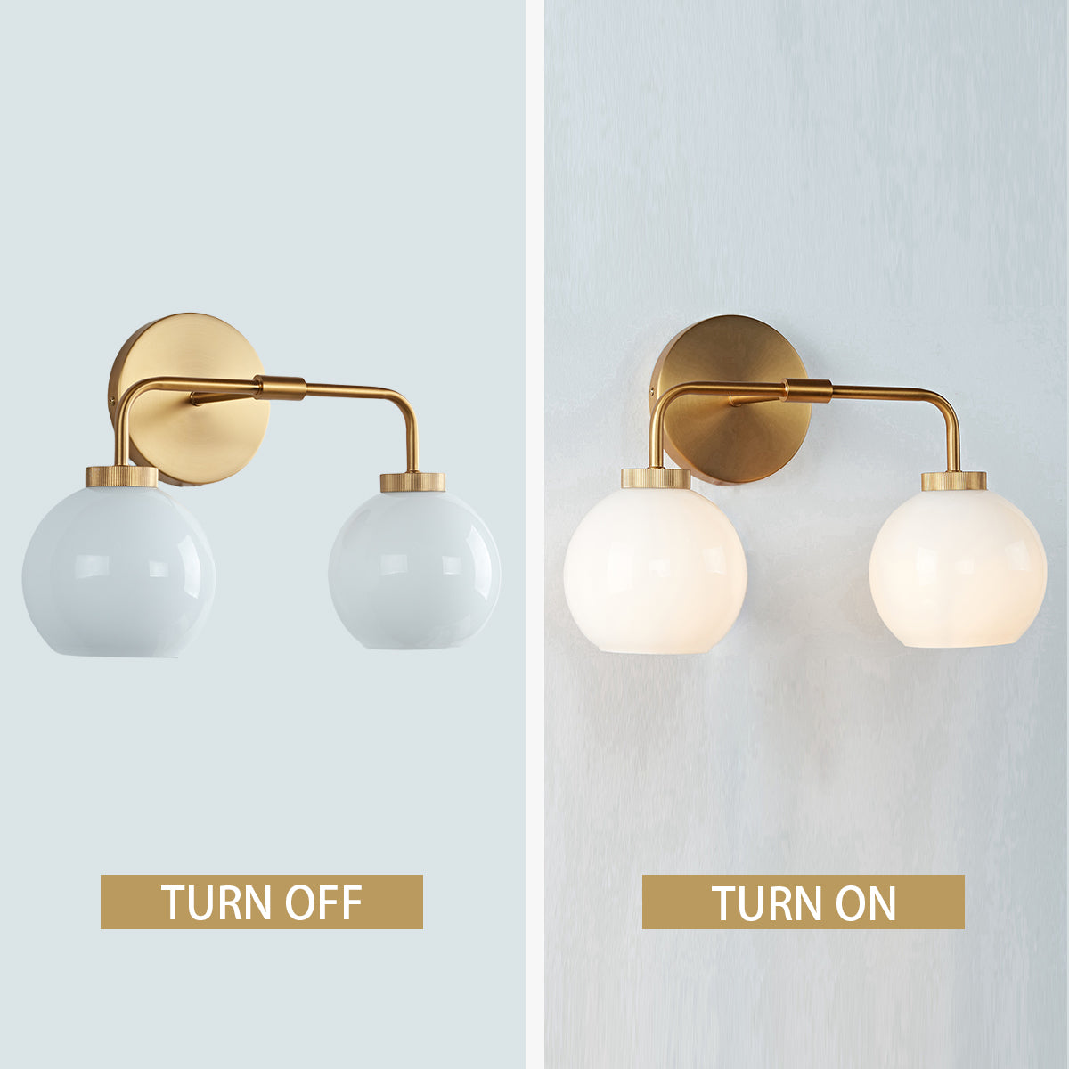 Globe Shade Matte Finish with Brass Accents Double Light Sconce - Elegant Blown Glass and Steel Frame, Bathroom Sconce