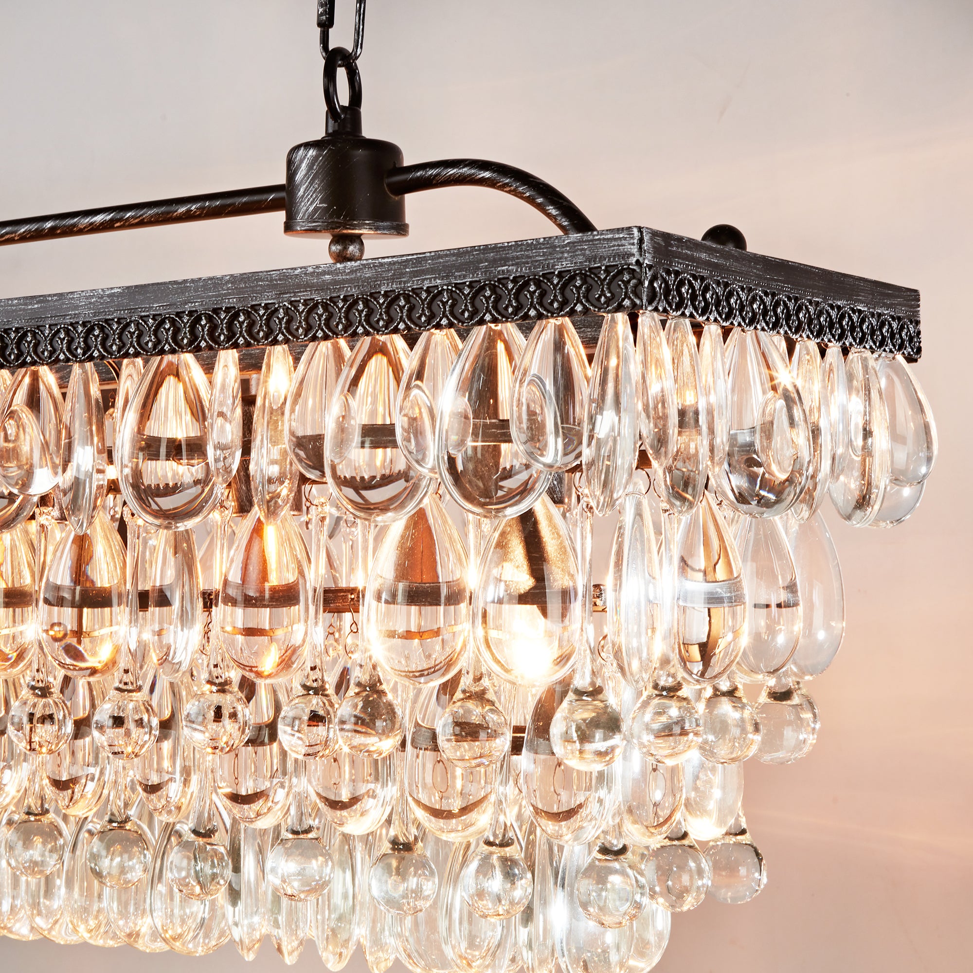 Crystal Raindrop Elegance Rectangular Chandelier - Faceted-Glass Crystals and Rain Drop Display for Dining Room and Living Room Lighting