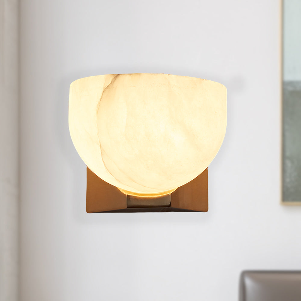 Engraved Elegance Alabaster Sconce: Handcarved Alabaster Wall Light with Globe-like Contours and Burnished Brass for Living Room, Kitchen, or Bedroom Wall Lighting