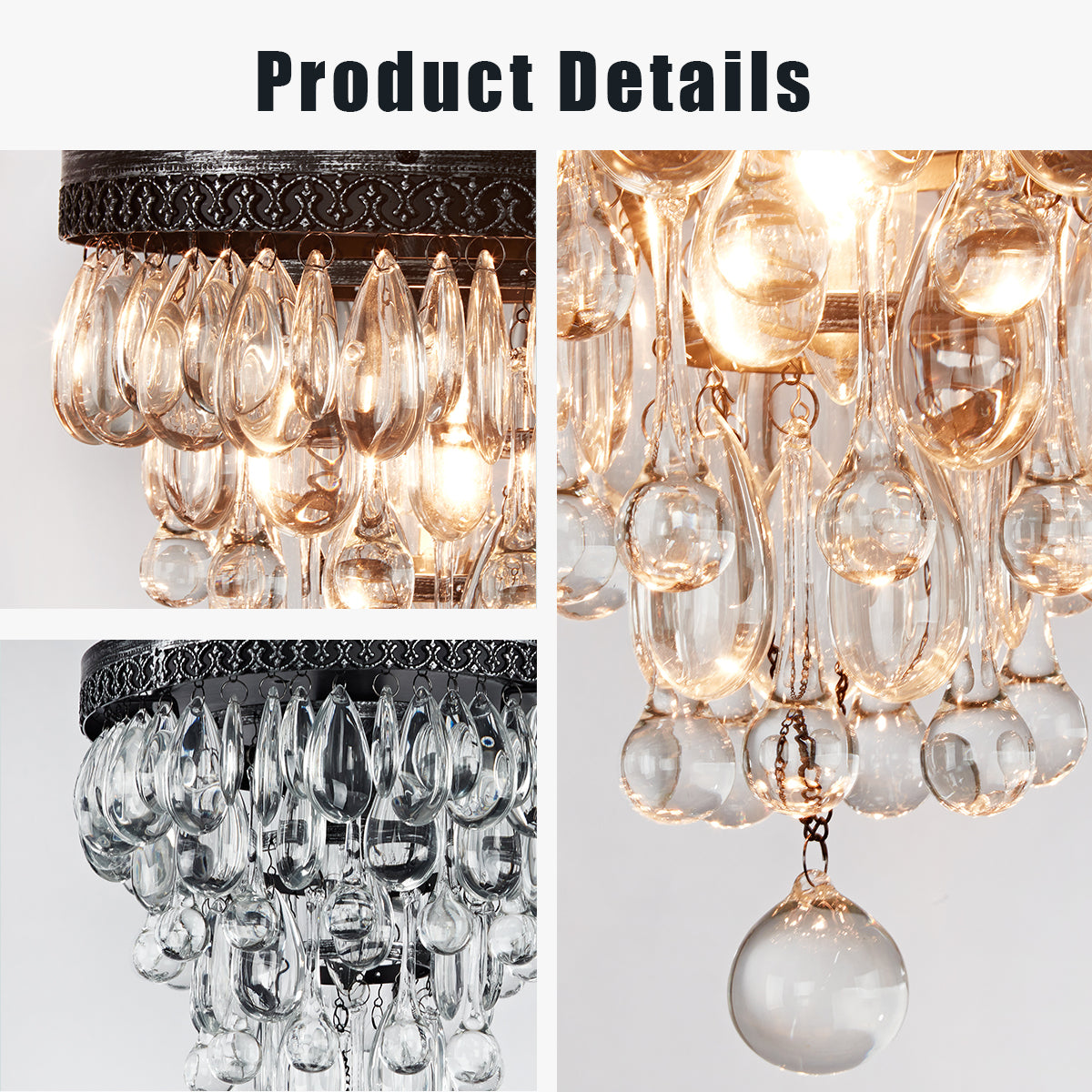 Raindrop Elegance Crystal Flush Mount - Faceted-Glass Crystals and Rain Drop Display for Bedroom and Living Room Lighting