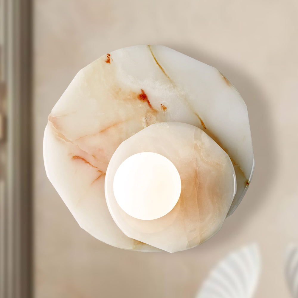 Opaline Cream Sculpture Wall Sconce: Natural Cream Onyx with Opaque White Glass Globe Bulb, Sculptural Design for Living Room, Bathroom, or Bedroom Wall Lighting