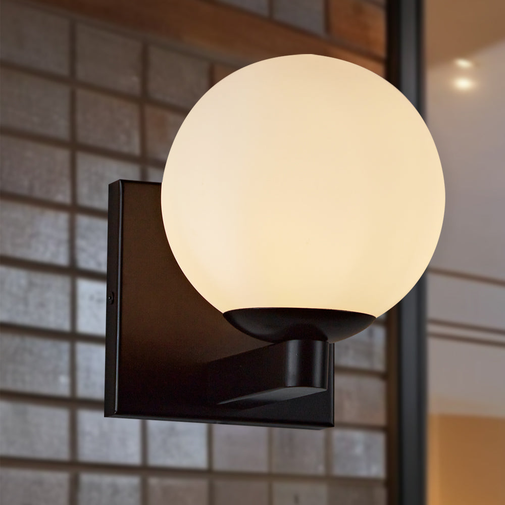 Globe Shade Matte Finish with Brass Accents Single Light Sconce - Blown Glass and Steel Frame for Outdoor, Living Room