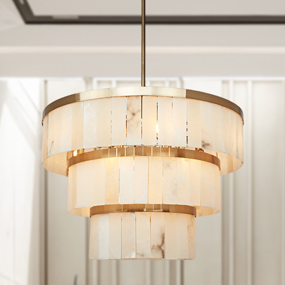 Rustic Alabaster Three-Tier Chandelier with Metal Detailing - A Stunning Rustic Chandelier Featuring Natural Stone - Perfect Hanging Light Fixture for Your Living Room