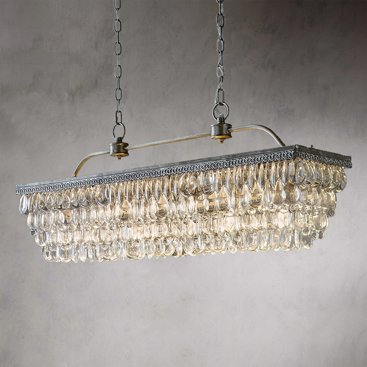 Crystal Raindrop Elegance Rectangular Chandelier - Faceted-Glass Crystals and Rain Drop Display for Dining Room and Living Room Lighting