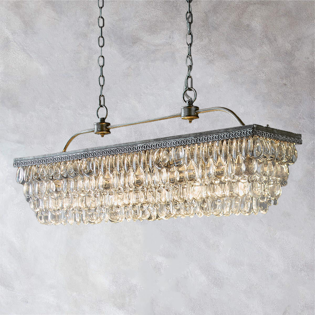 Crystal Raindrop Elegance Rectangular Chandelier - Faceted-Glass Crystals and Rain Drop Display for Dining Room and Living Room Lighting