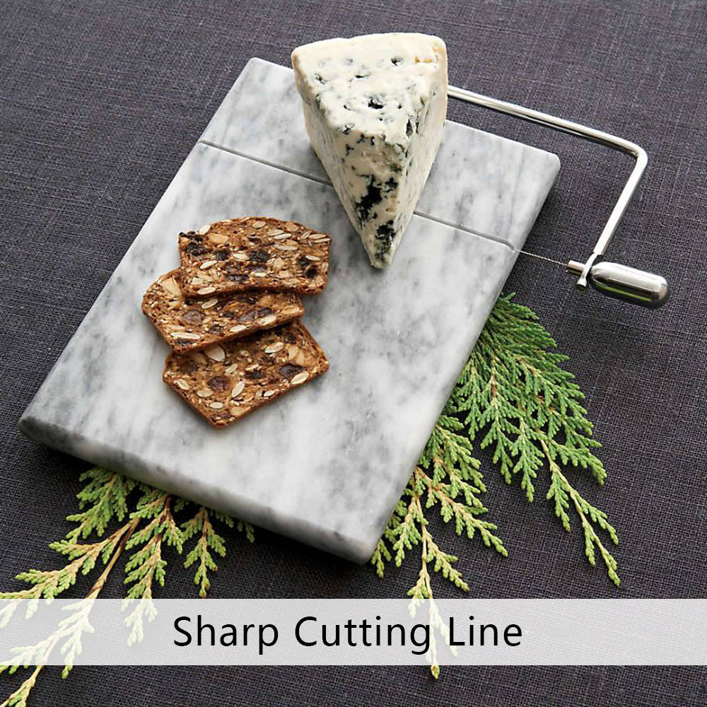 White Marble Cheese Board with Stainless Steel Slicer - Unique Grey Veining and Grooved Design for Dining Room and Kitchen Elegance