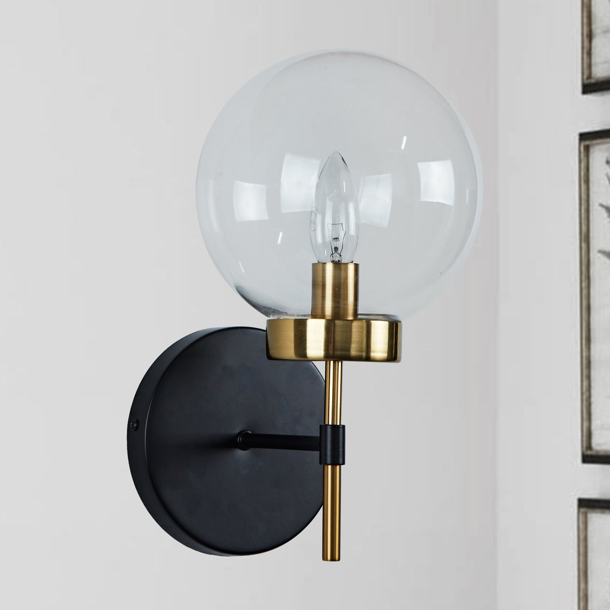 Brass Glow Mid-Century Glass Globe Wall Sconce - Two-Toned Metal and Handblown Clear Glass for Bedroom, Living Room, and Outdoor Lighting