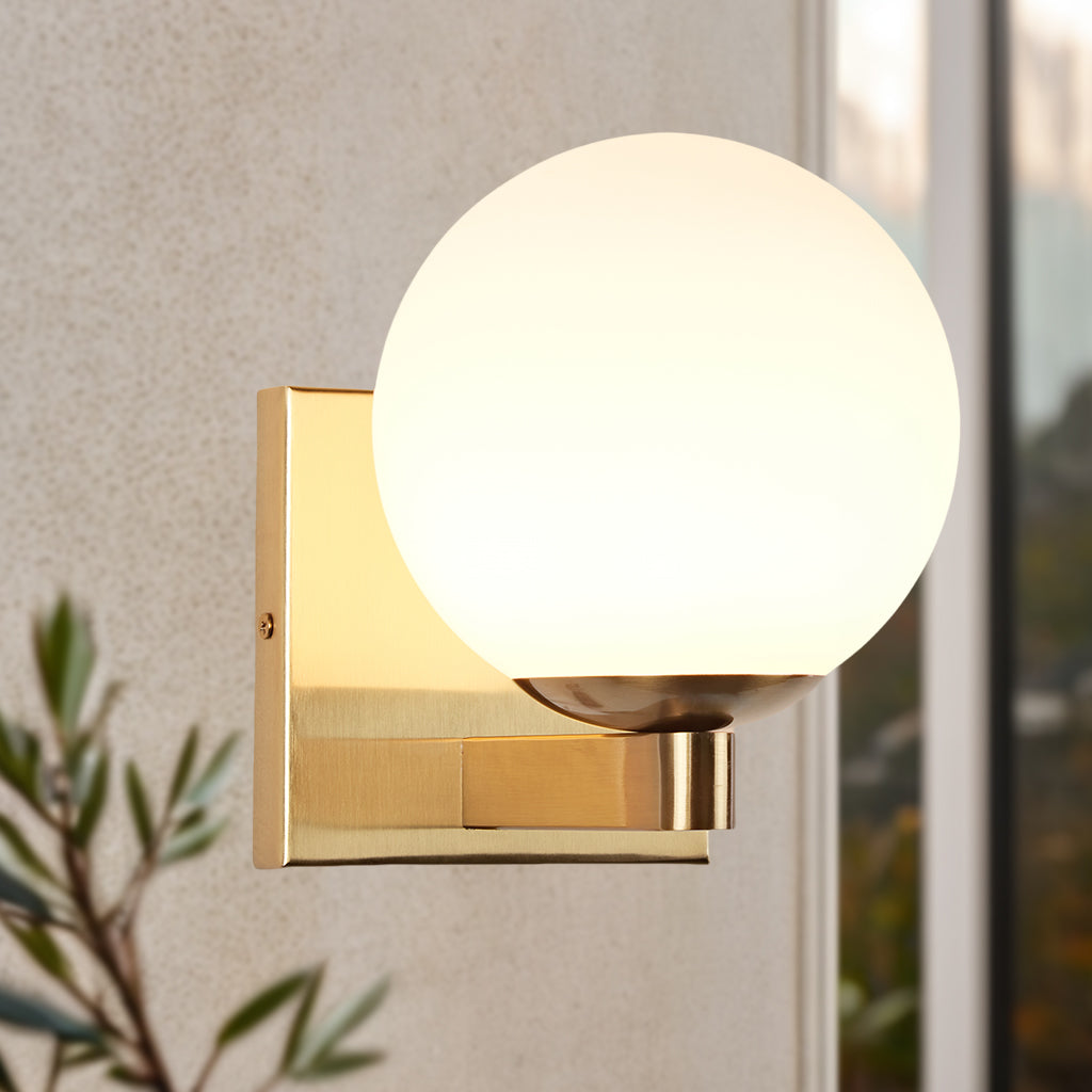 Globe Shade Matte Finish with Brass Accents Single Light Sconce - Blown Glass and Steel Frame for Outdoor, Living Room