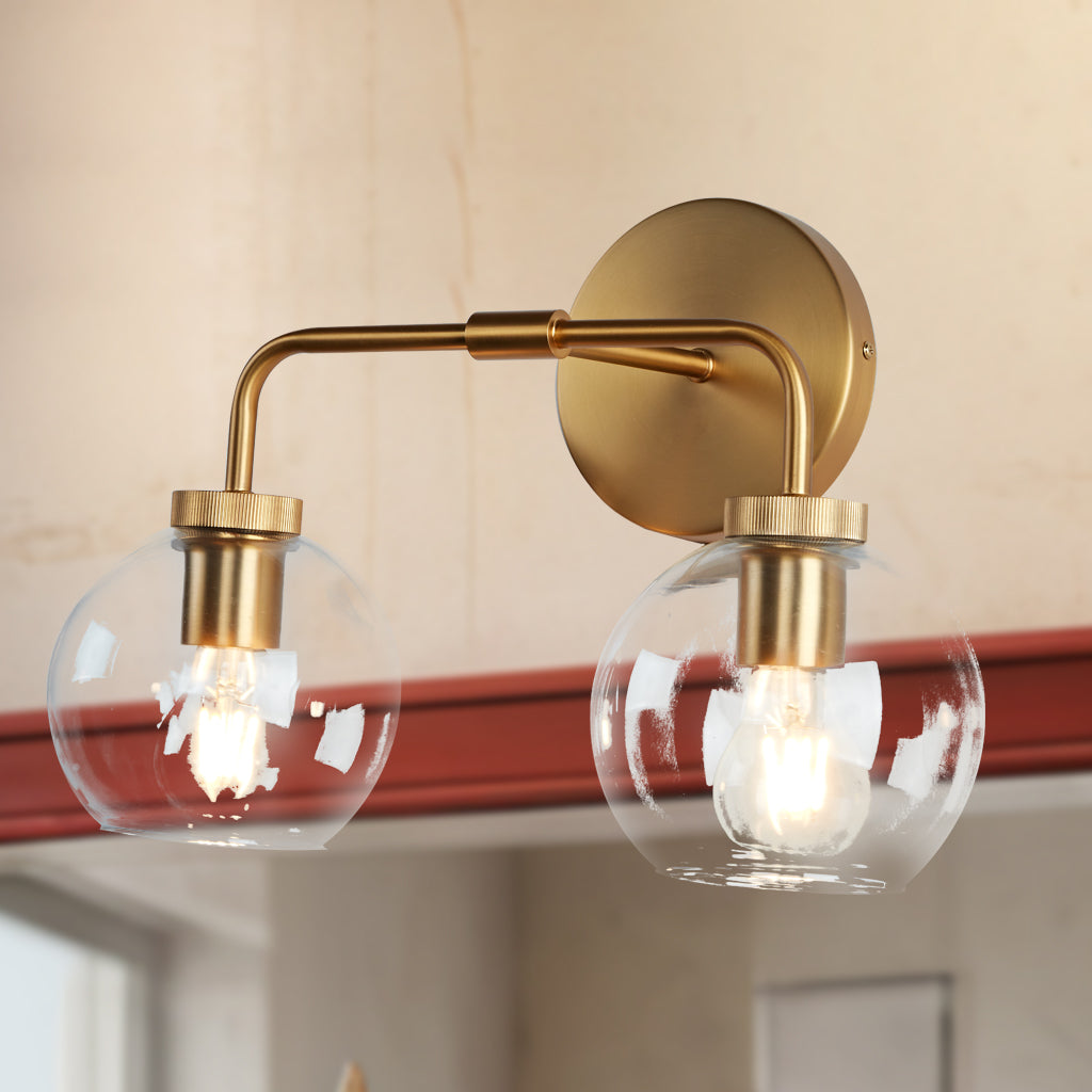 Globe Shade Matte Finish with Brass Accents Double Light Sconce - Elegant Blown Glass and Steel Frame, Bathroom Sconce