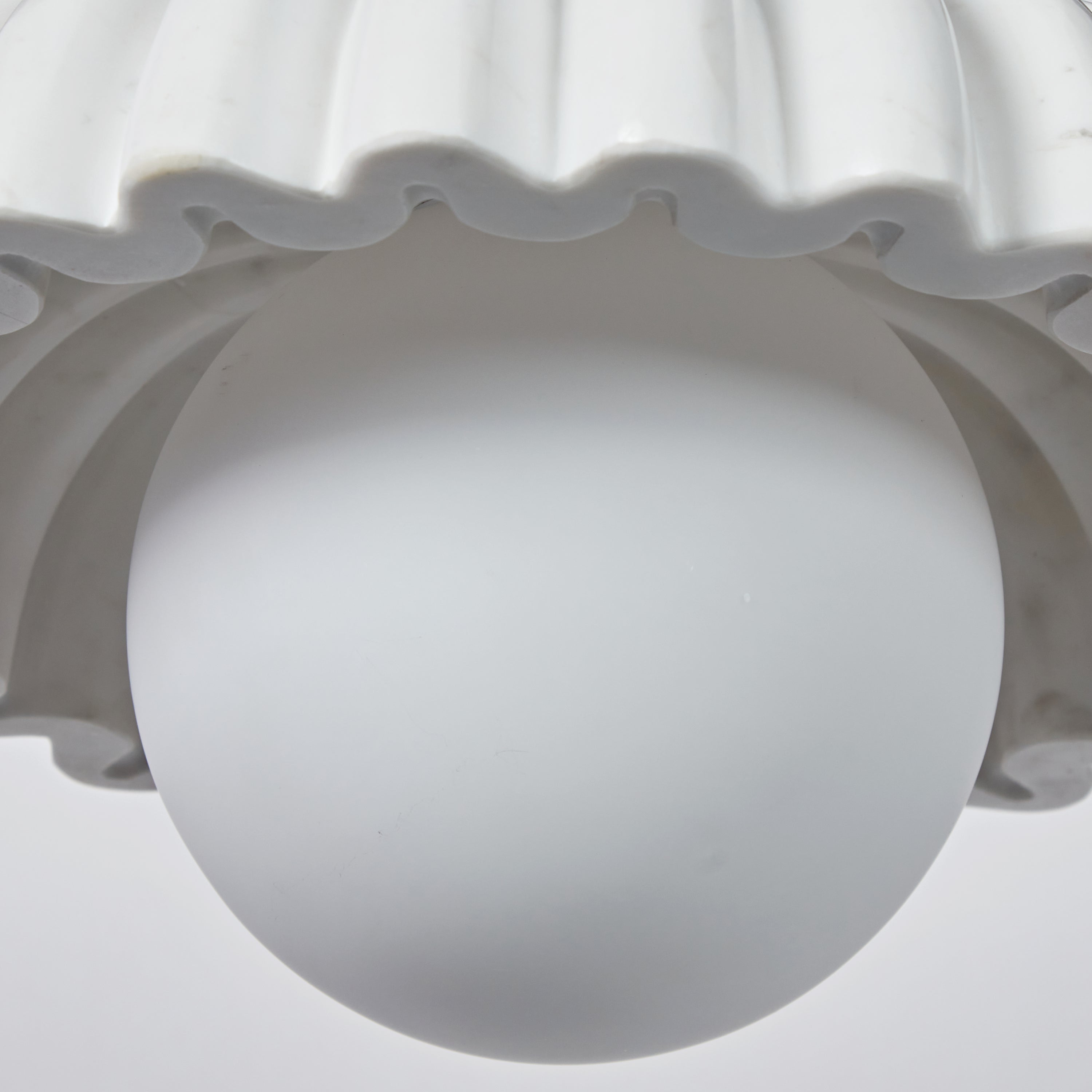 Luxury Marble Radiance Flush Mount: Vintage Fluted Marble with Glossy White Globe Shade for Bedroom Ceiling Fixtures, Living Room Ceiling Lamps, or Bedroom Light Fixtures