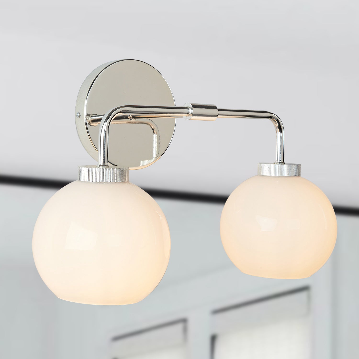 Globe Shade Matte Finish with Brass Accents Double Light Sconce - Elegant Blown Glass and Steel Frame, Bathroom Sconce