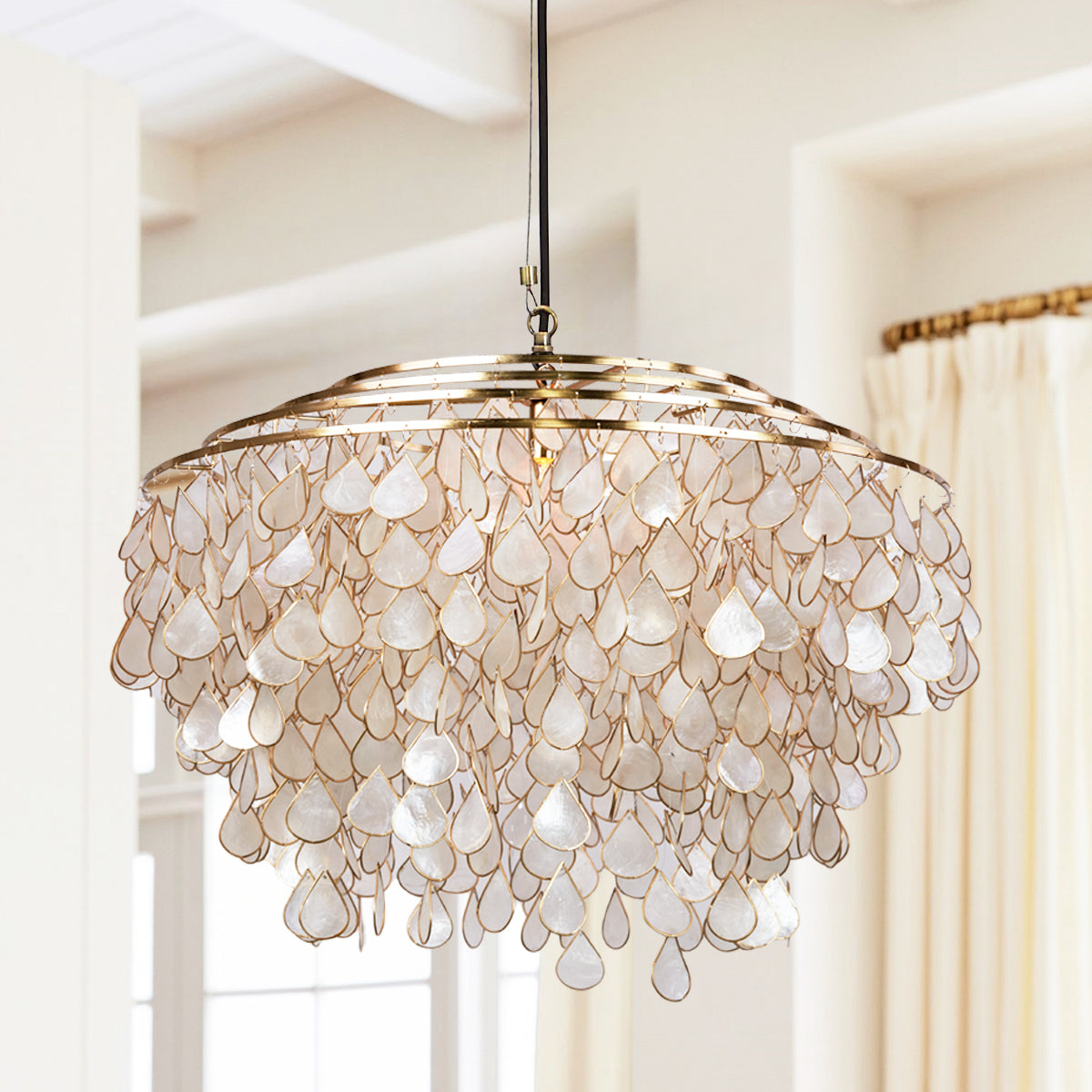 Handcrafted Capiz Shell Chandelier - Artisanal Design with Brass Finish and Versatile Sizing - Stunning Light Fixture for Dining Room or Living Room