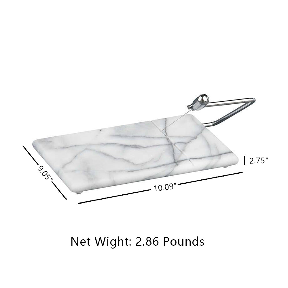 White Marble Cheese Board with Stainless Steel Slicer - Unique Grey Veining and Grooved Design for Dining Room and Kitchen Elegance