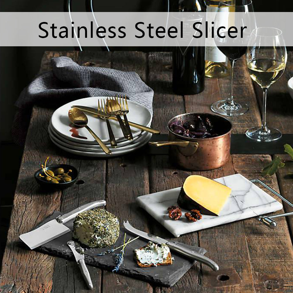 White Marble Cheese Board with Stainless Steel Slicer - Unique Grey Veining and Grooved Design for Dining Room and Kitchen Elegance