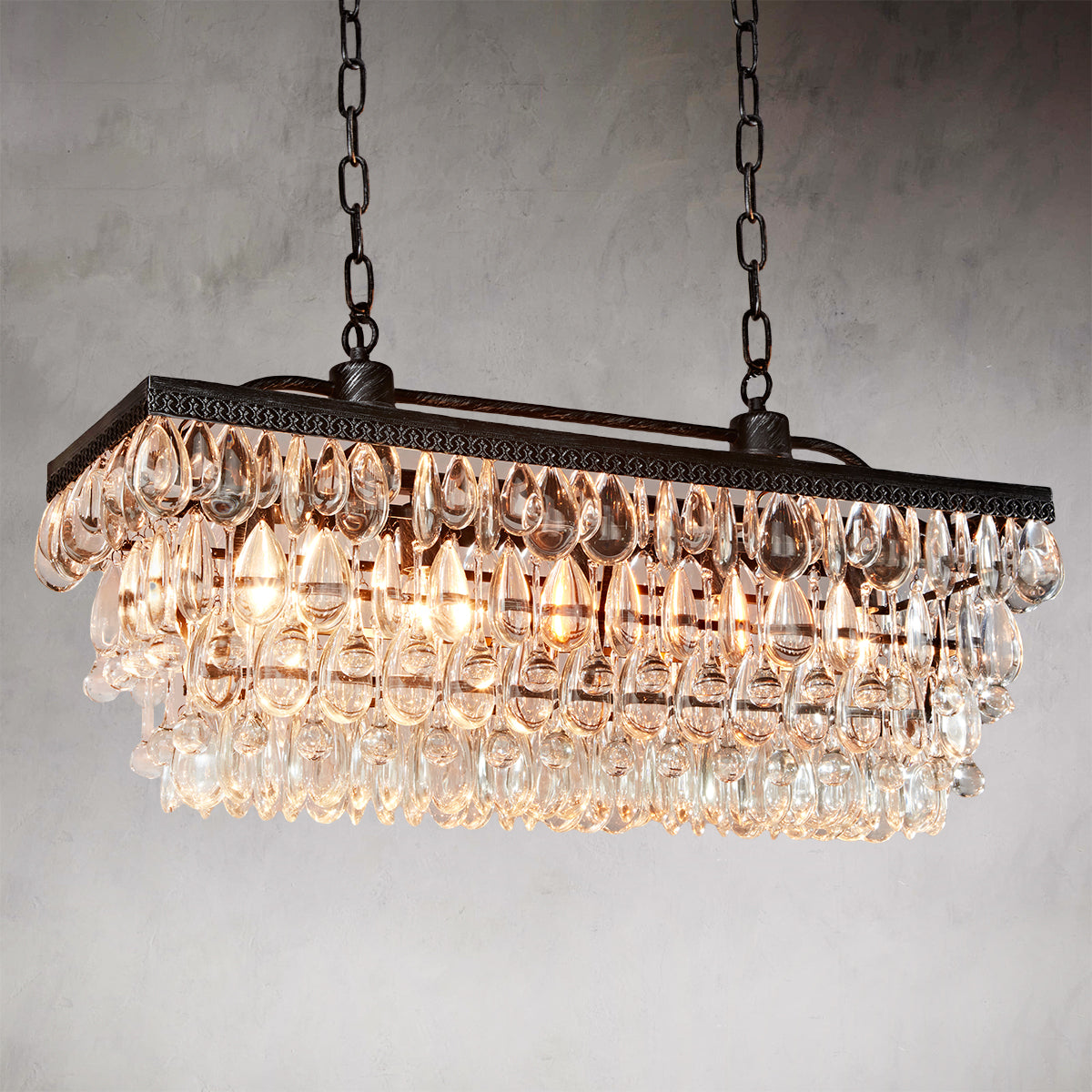 Crystal Raindrop Elegance Rectangular Chandelier - Faceted-Glass Crystals and Rain Drop Display for Dining Room and Living Room Lighting