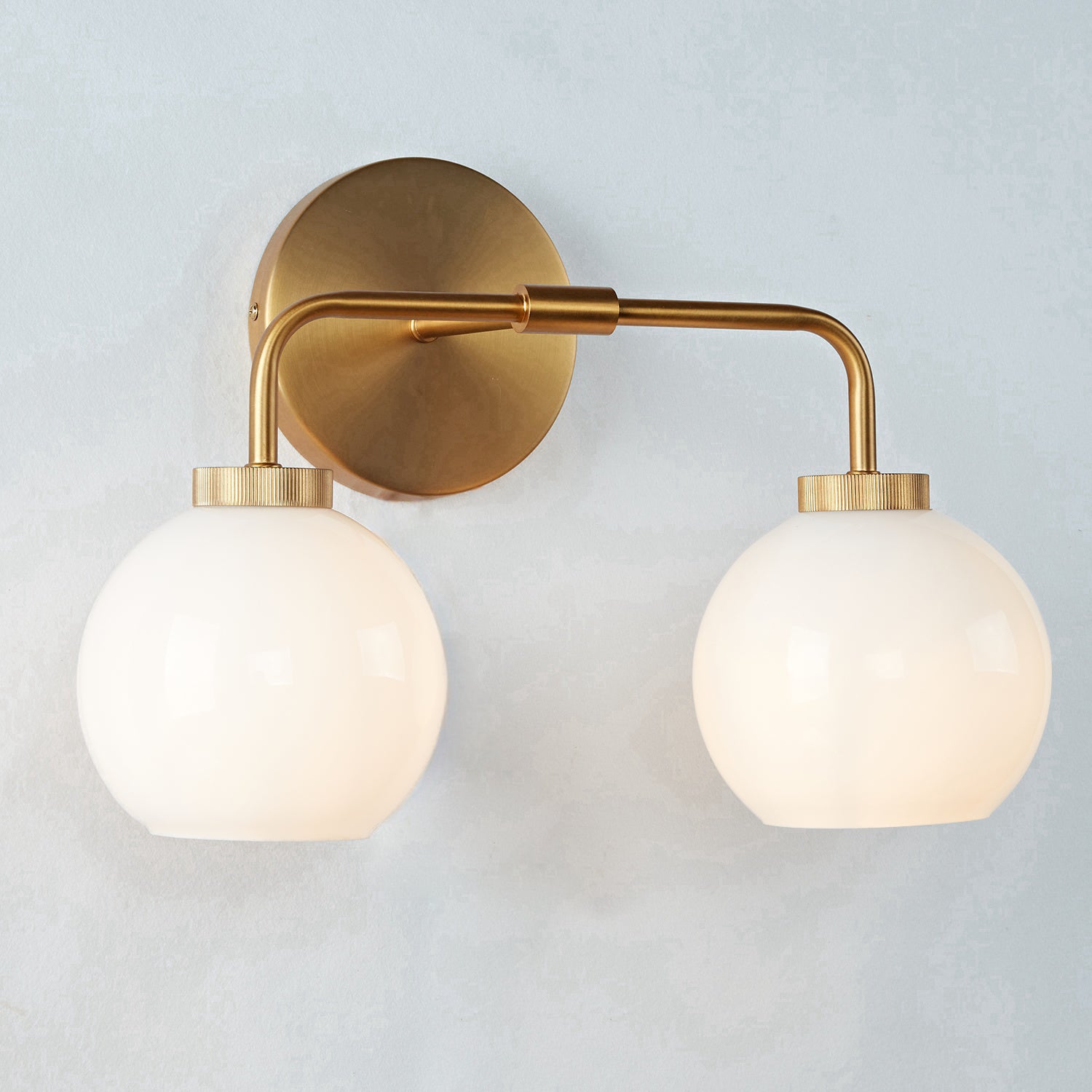 Globe Shade Matte Finish with Brass Accents Double Light Sconce - Elegant Blown Glass and Steel Frame, Bathroom Sconce