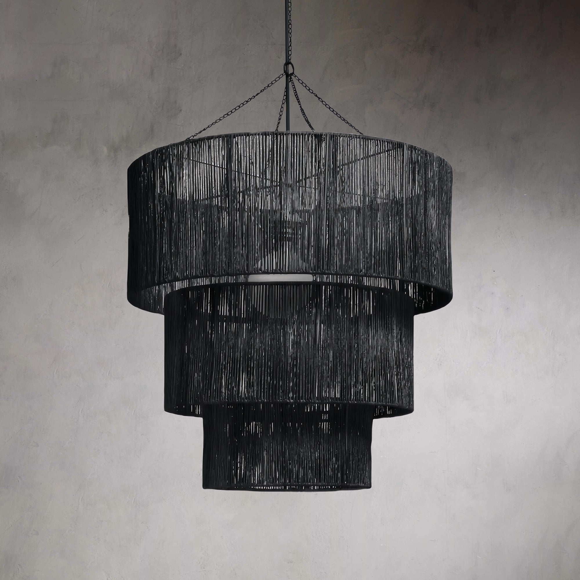 Dimmable Three-Tier Chandelier with Jute-Wrapped Design and Black Finish E26 Socket - Perfect for Dining Rooms and Living Rooms