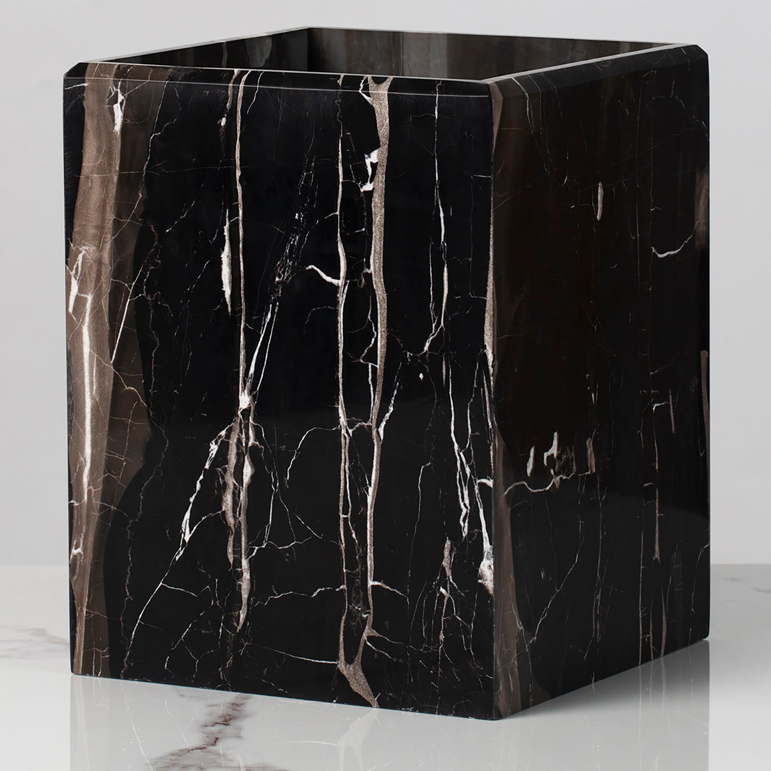 Silver Dragon Marble Luxe Trash Can/Wastebasket - Elegant Black and White Design with Soft Sheen and Easy Cleaning